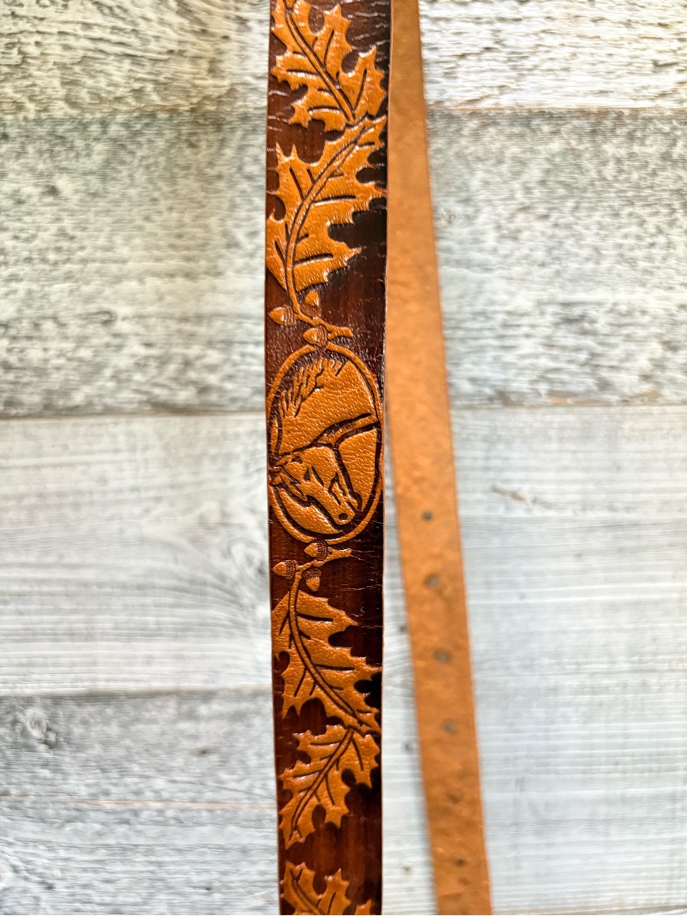 Hand Tooled Leather Oak Leaf/Acorns/Horses Thin 40" Belt in Two-Tone Brown
